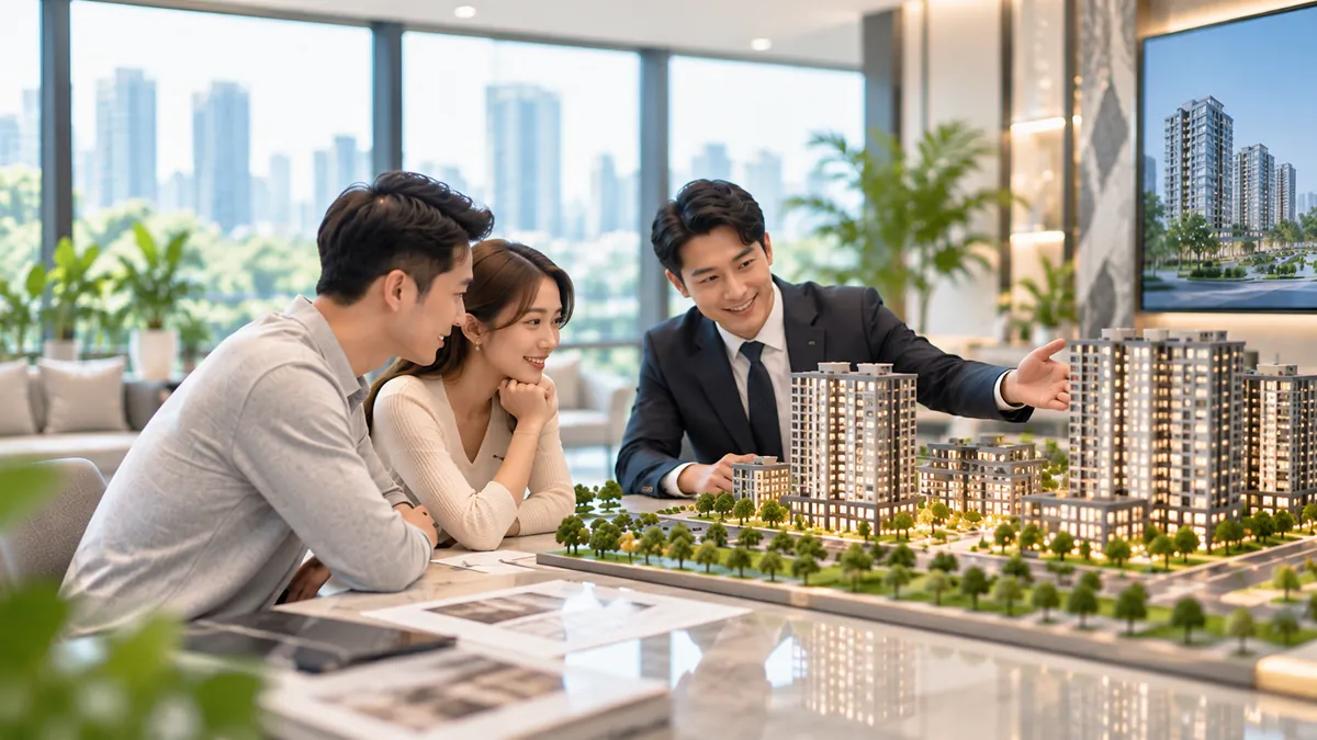 代銷人員向客戶介紹建案模型