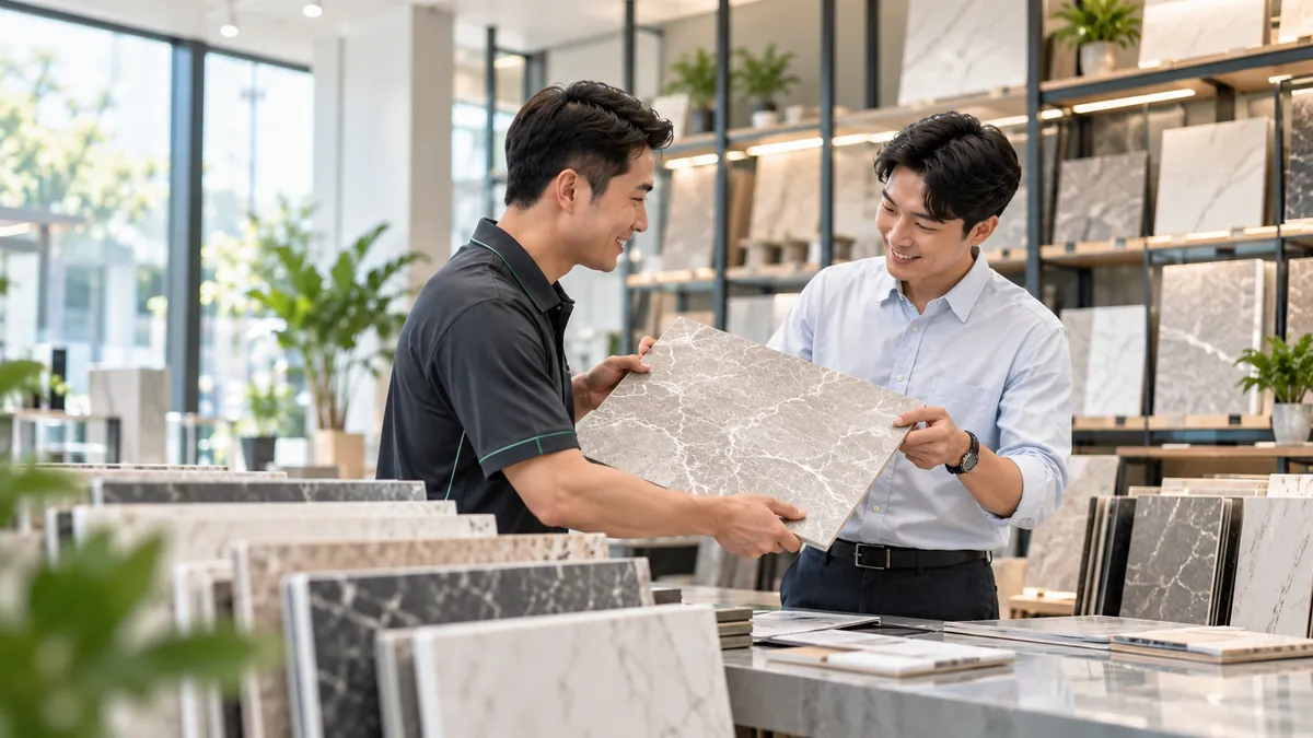 建材行店員與客戶討論地板樣品